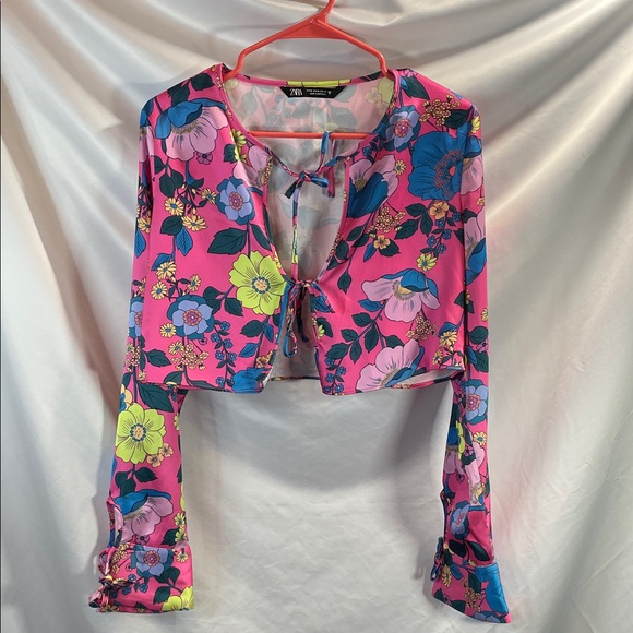 Zara Tops - Zara Pink Floral Tie-Front Blouse